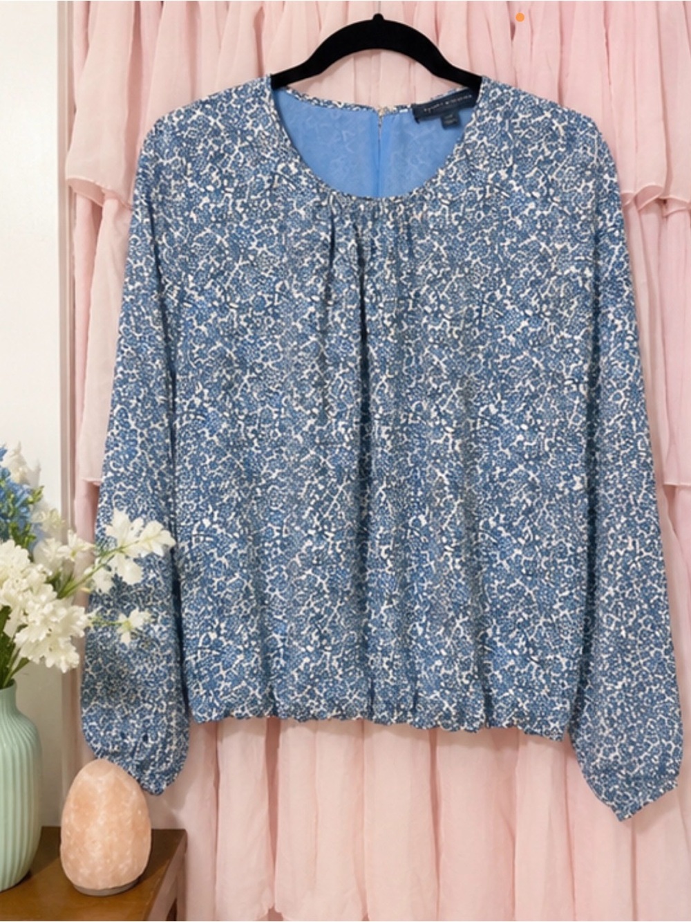 Tommy Hilfiger Blue Floral Pleated Long-Sleeve Blouse
